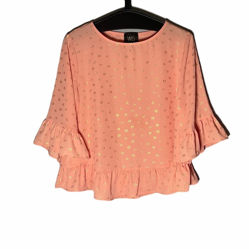 Anthropologie‎ W5 Coral Polka Dot Ruffle Hem Top Size Small